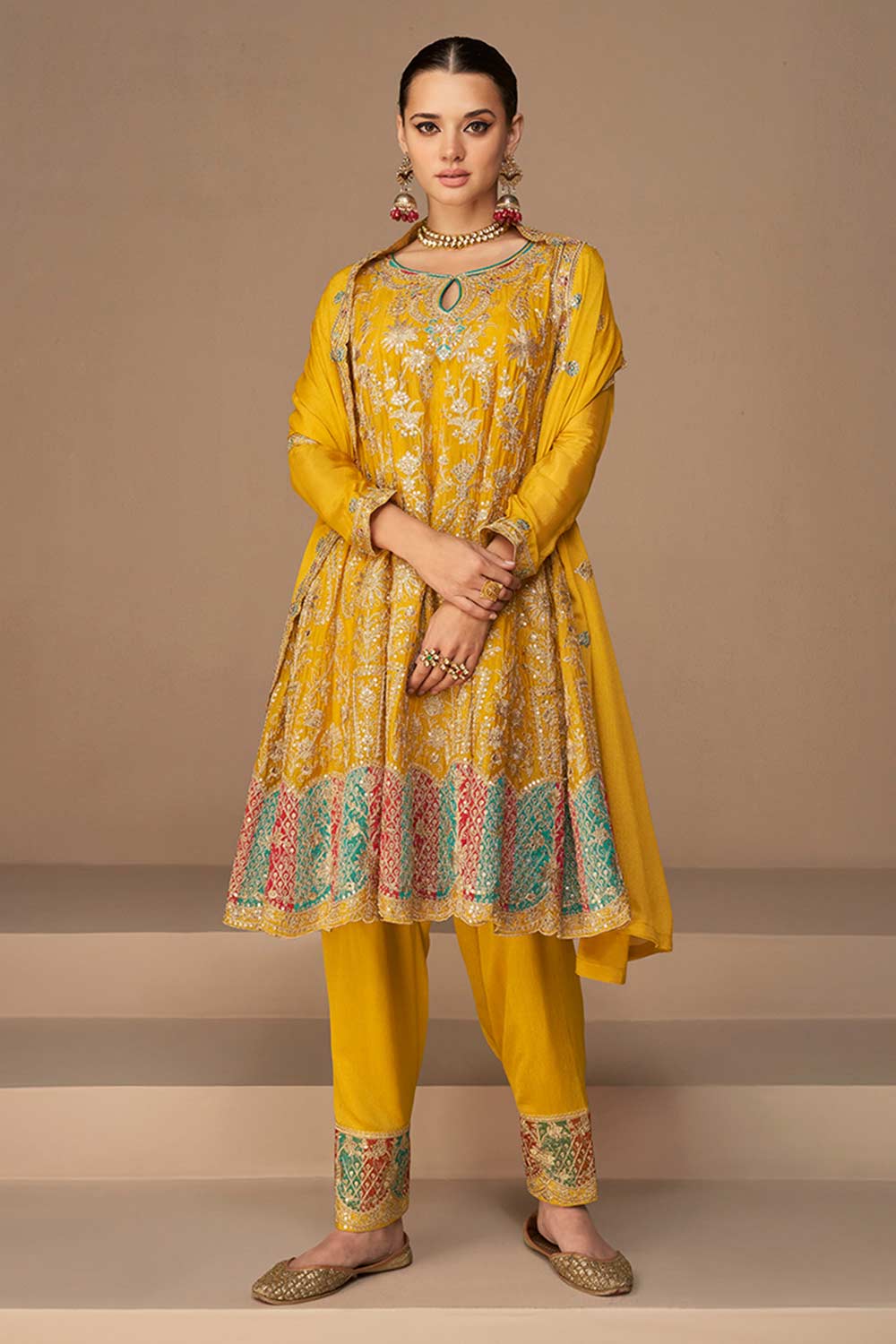 Mustard Chinon Silk Embroidered Party Wear Suit