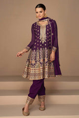 Purple Chinon Silk Embroidered Party Wear Suit