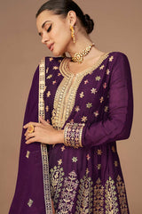 Purple Chinon Silk Embroidered Party Wear Suit