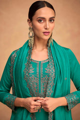 Teal Green Silk Embroidered Salwar Suit