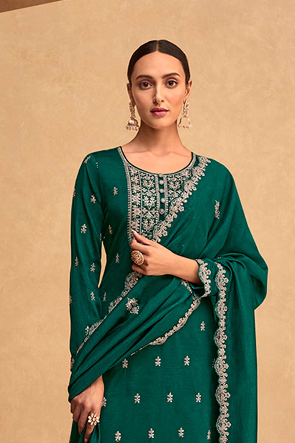 Dark Green Silk Embroidered Salwar Suit