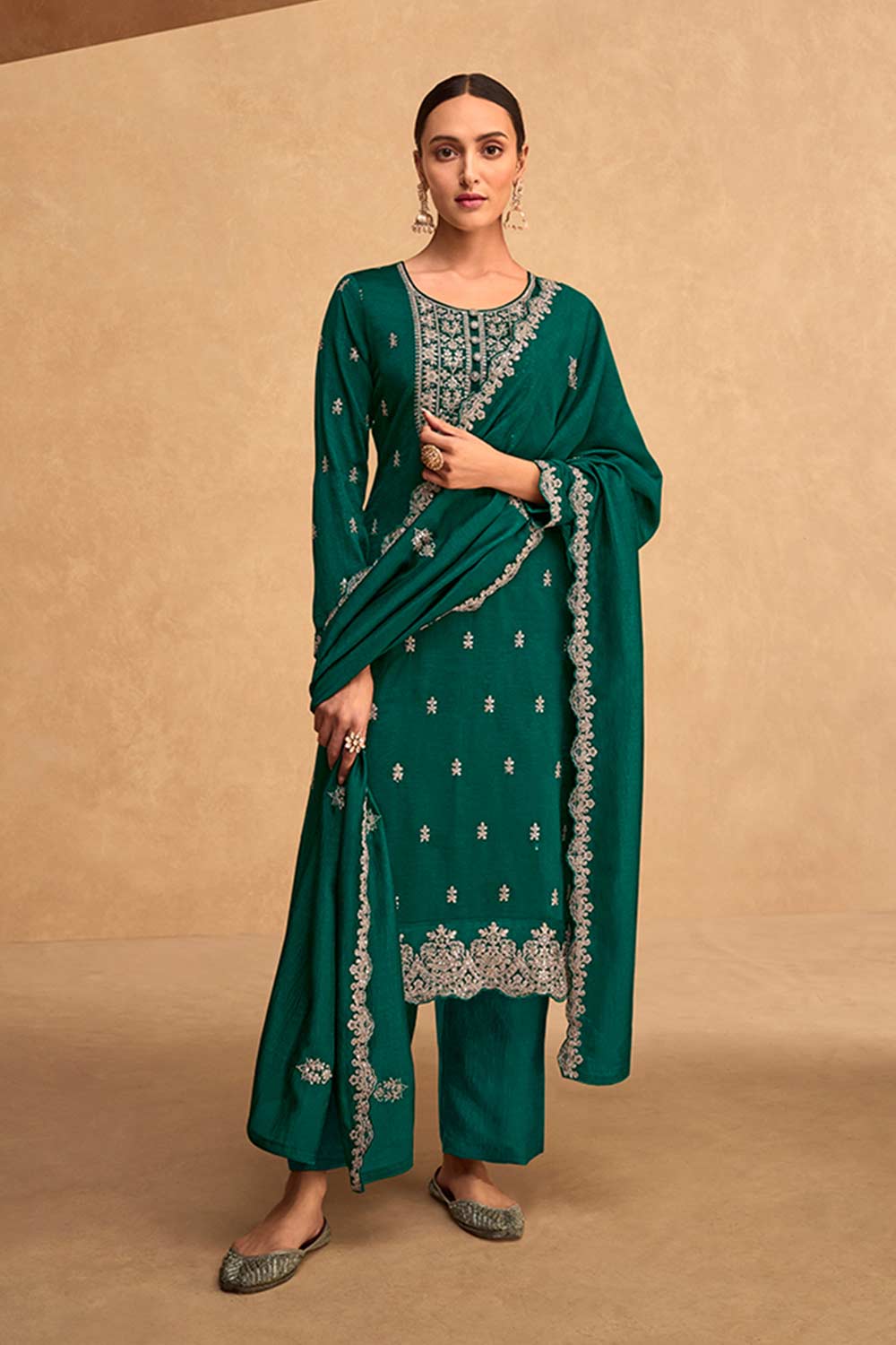 Dark Green Silk Embroidered Salwar Suit