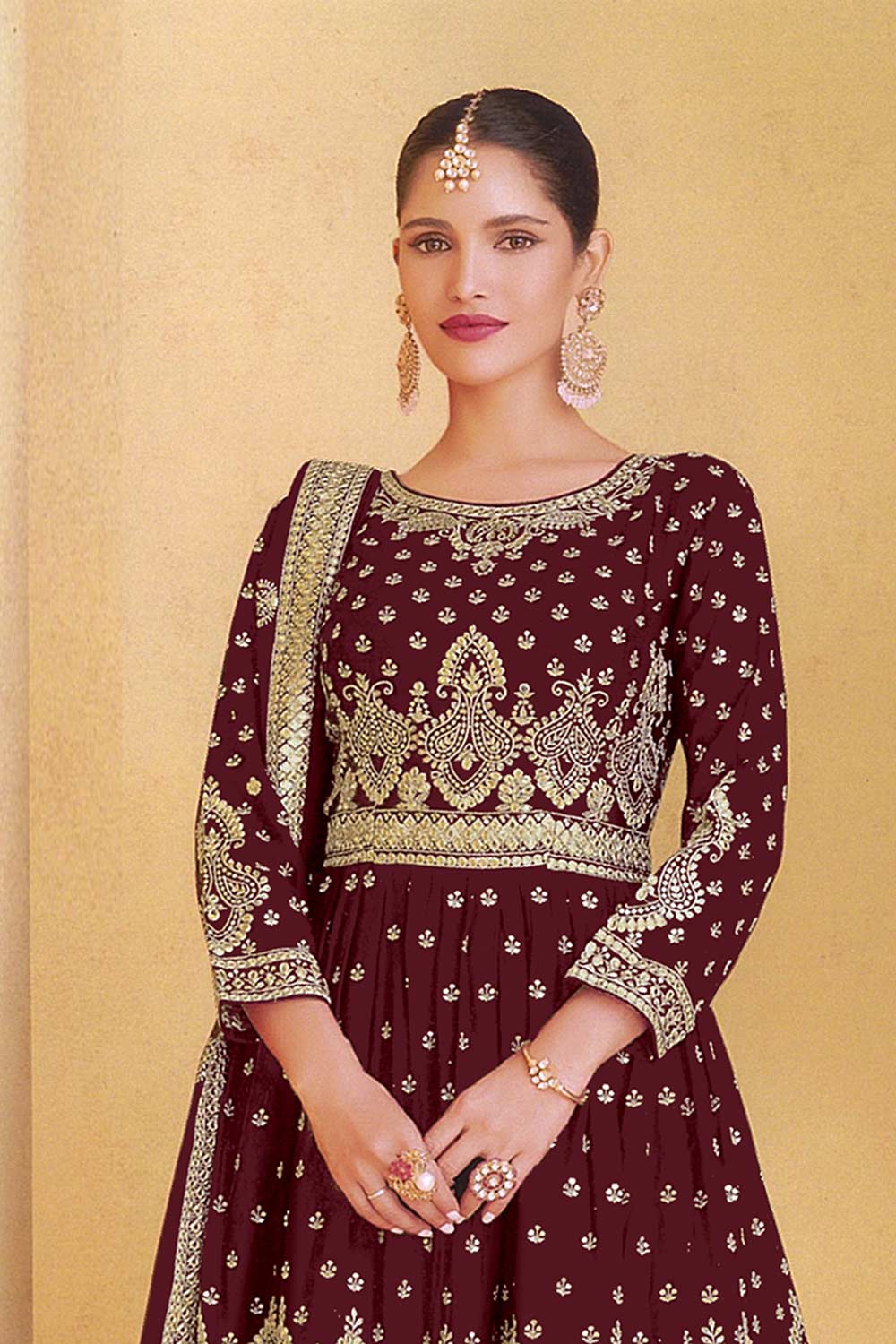 Wine Georgette Embroidered Sharara Suit