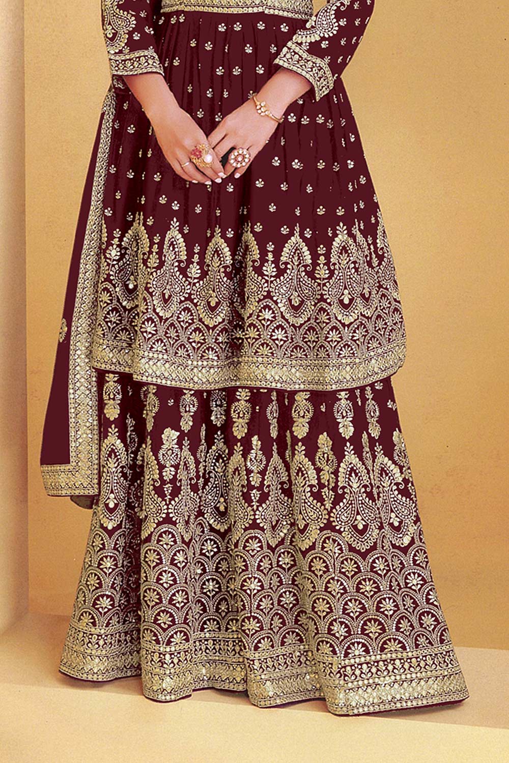 Wine Georgette Embroidered Sharara Suit