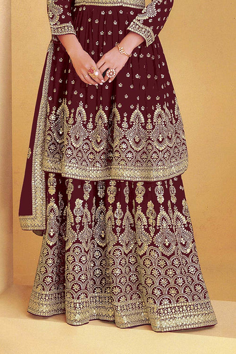 Wine Georgette Embroidered Sharara Suit