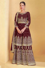 Wine Georgette Embroidered Sharara Suit