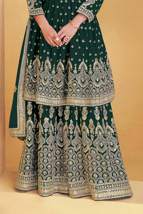 Dark Green Georgette Embroidered Sharara Suit