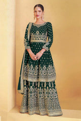 Dark Green Georgette Embroidered Sharara Suit