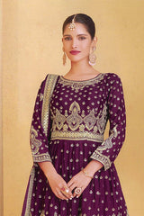 Dark Purple Georgette Embroidered Sharara Suit