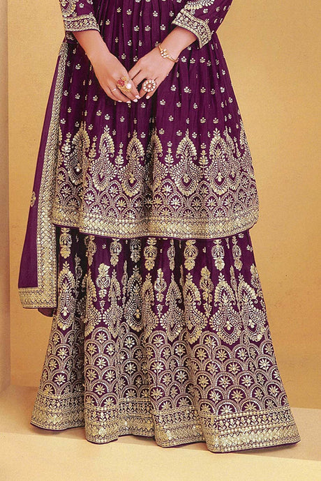 Dark Purple Georgette Embroidered Sharara Suit