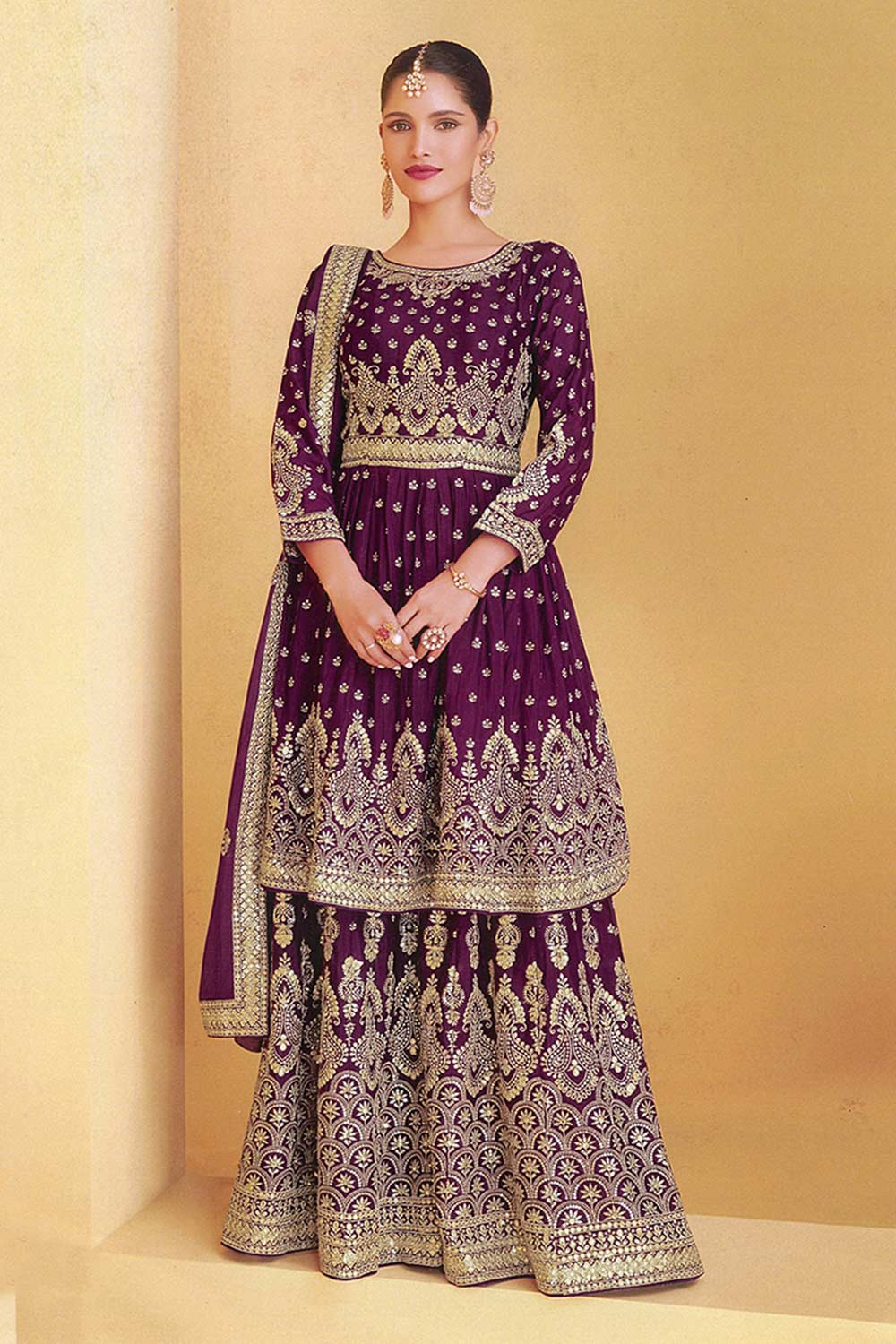 Dark Purple Georgette Embroidered Sharara Suit