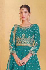 Teal Blue Georgette Embroidered Sharara Suit