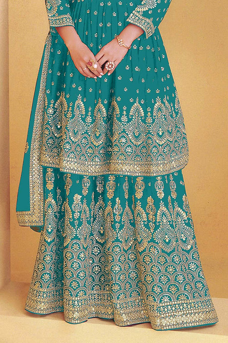 Teal Blue Georgette Embroidered Sharara Suit