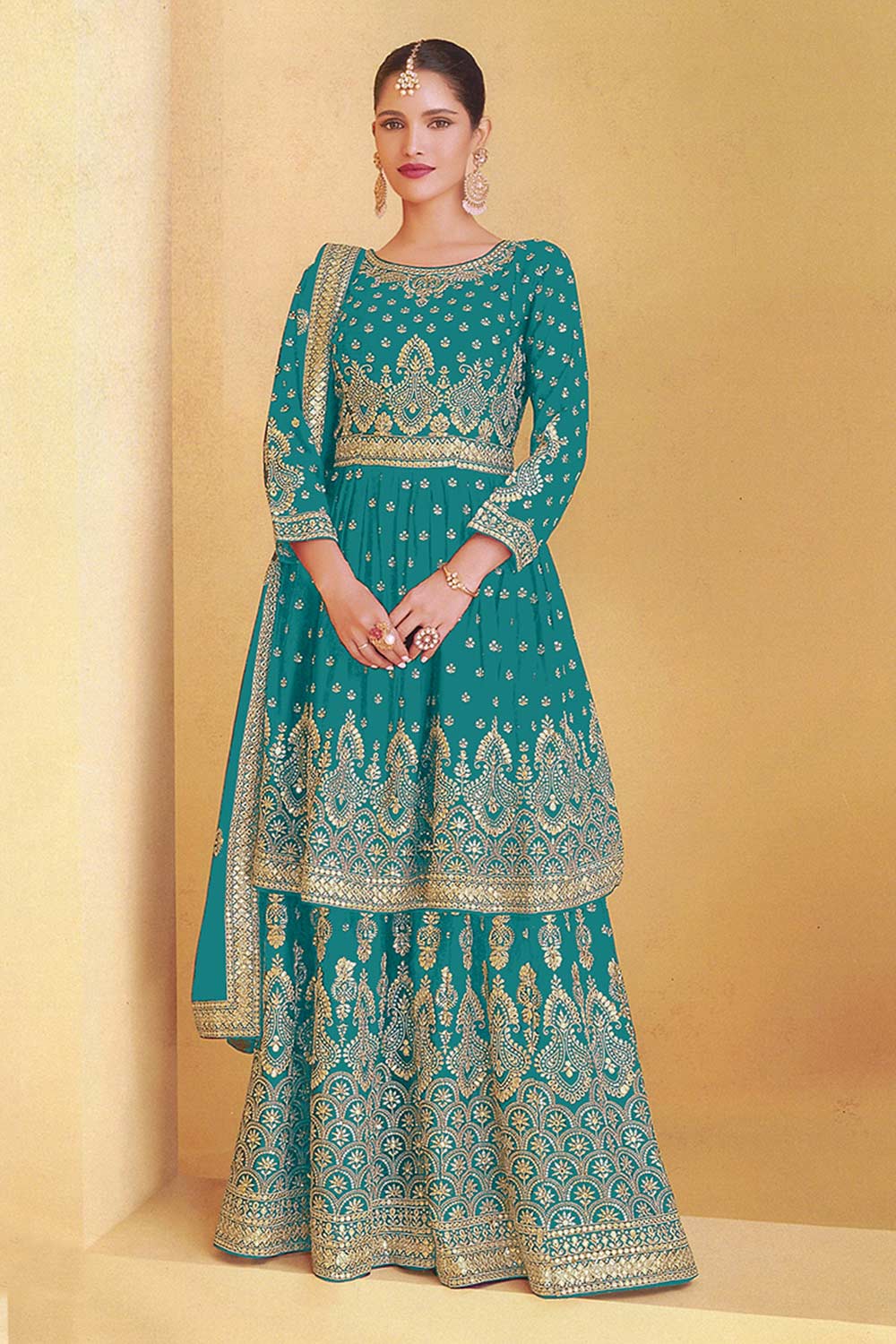 Teal Blue Georgette Embroidered Sharara Suit