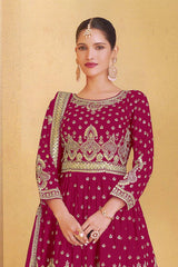 Maroon Georgette Embroidered Sharara Suit