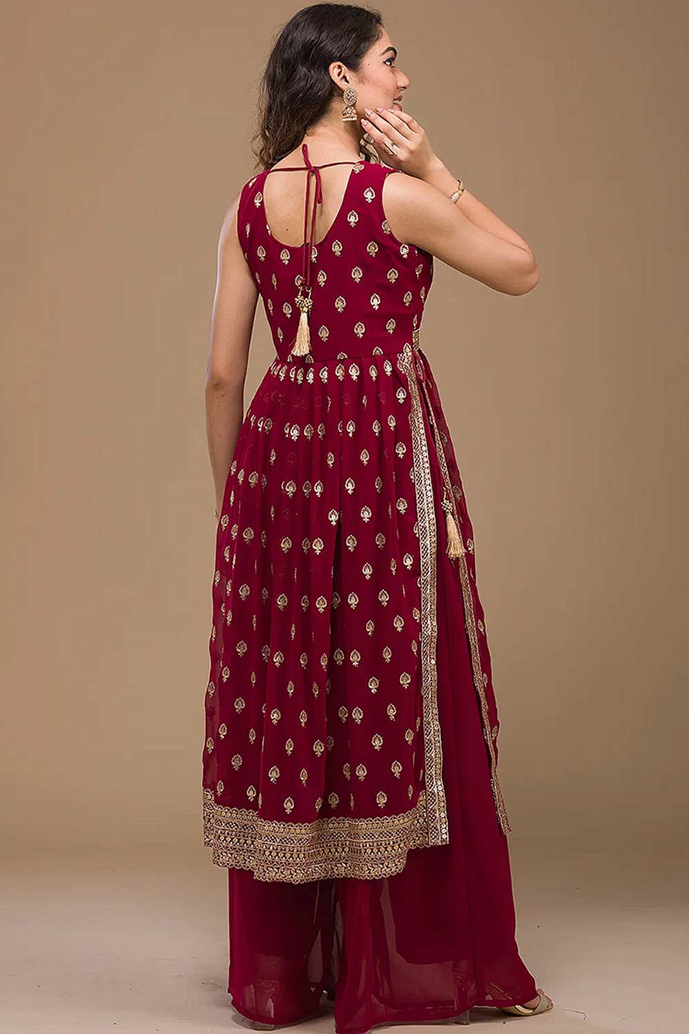 Maroon Georgette Embroidered Palazzo Suit