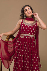 Maroon Georgette Embroidered Palazzo Suit