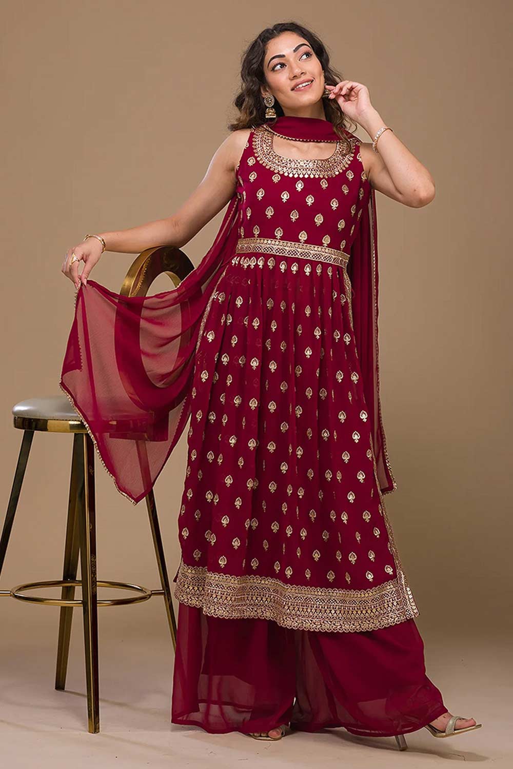 Maroon Georgette Embroidered Palazzo Suit