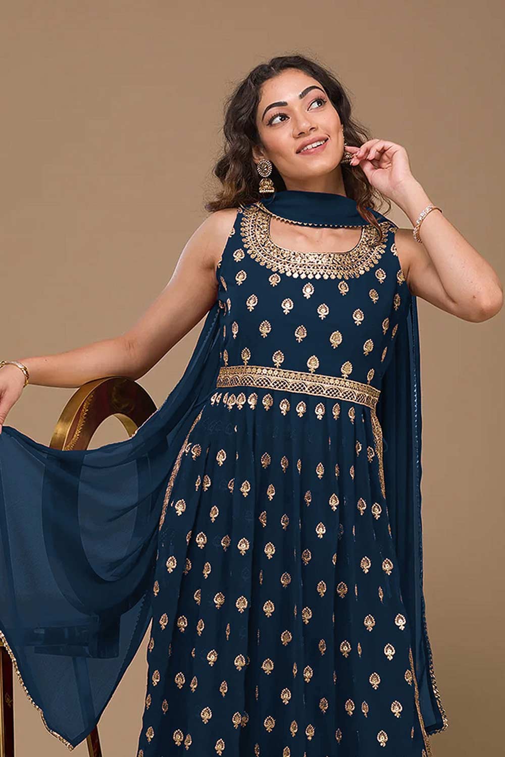 Navy Blue Georgette Embroidered Palazzo Suit