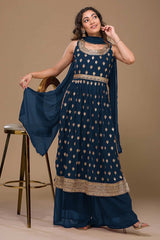 Navy Blue Georgette Embroidered Palazzo Suit