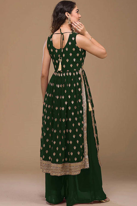 Dark Green Georgette Embroidered Palazzo Suit