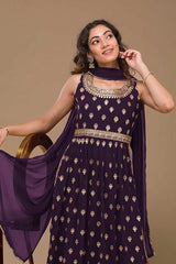 Violet Georgette Embroidered Palazzo Suit