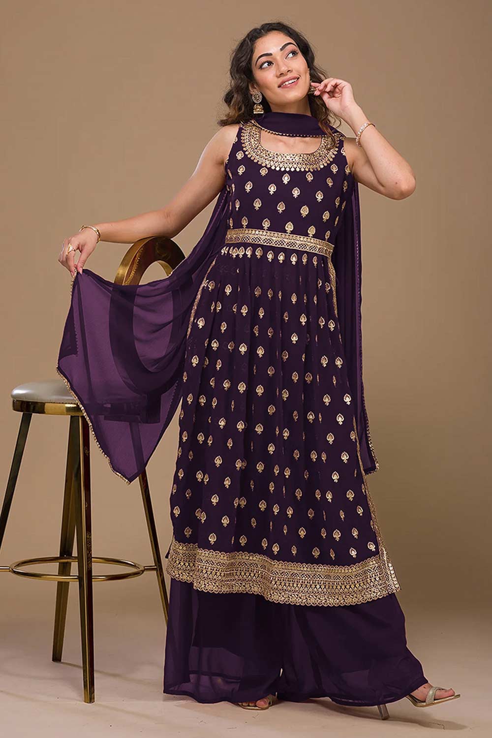 Violet Georgette Embroidered Palazzo Suit