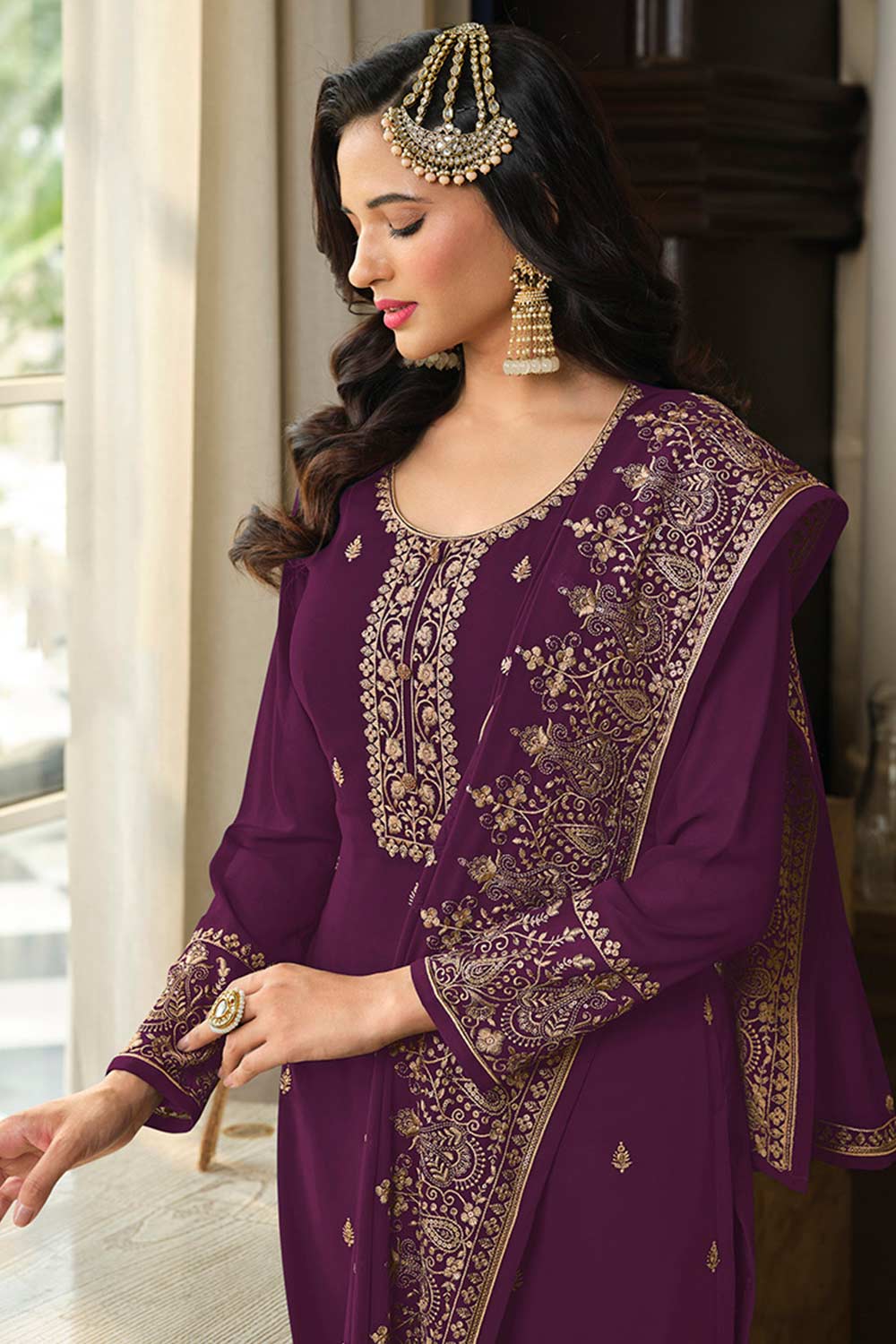 Purple Georgette Embroidered Palazzo Suit