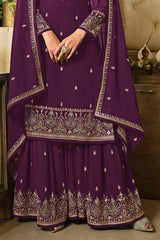 Purple Georgette Embroidered Palazzo Suit