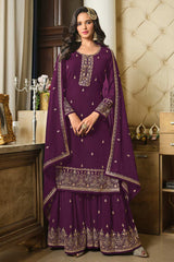 Purple Georgette Embroidered Palazzo Suit