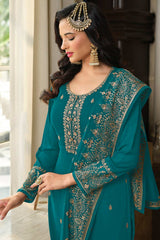 Teal Georgette Embroidered Palazzo Suit