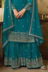 Teal Georgette Embroidered Palazzo Suit