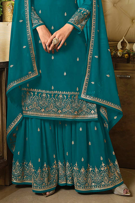 Teal Georgette Embroidered Palazzo Suit