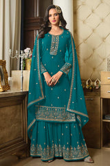 Teal Georgette Embroidered Palazzo Suit