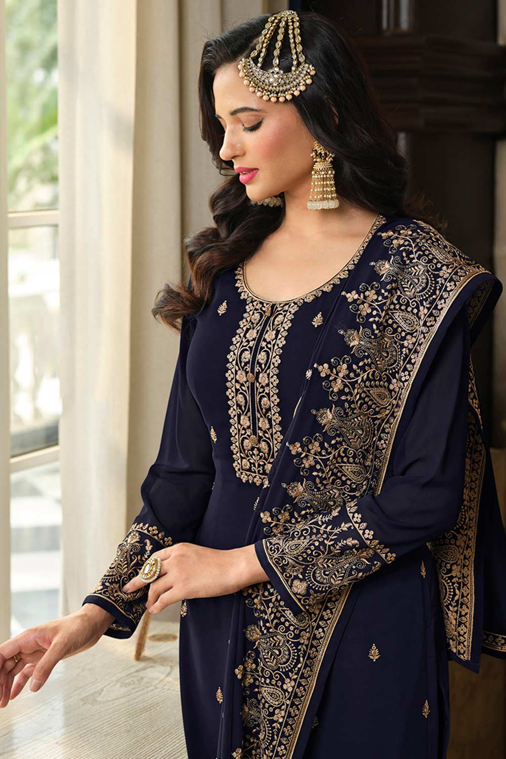 Navy Blue Georgette Embroidered Palazzo Suit