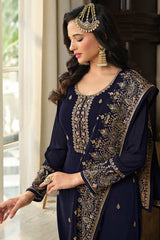 Navy Blue Georgette Embroidered Palazzo Suit