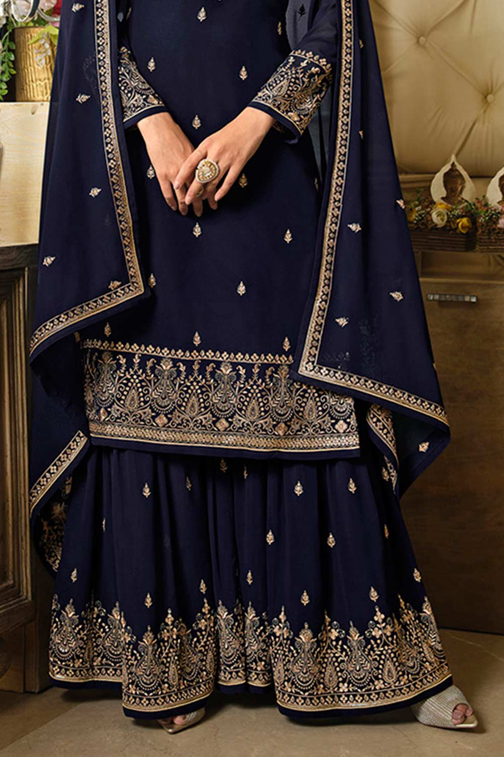 Navy Blue Georgette Embroidered Palazzo Suit