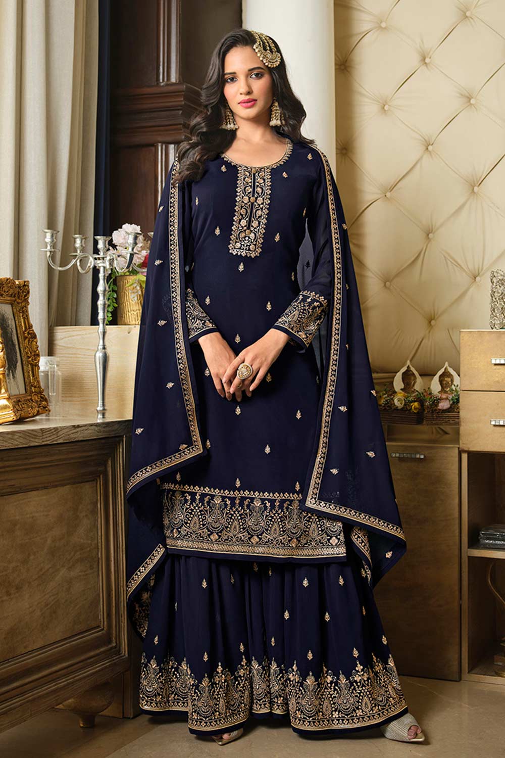 Navy Blue Georgette Embroidered Palazzo Suit