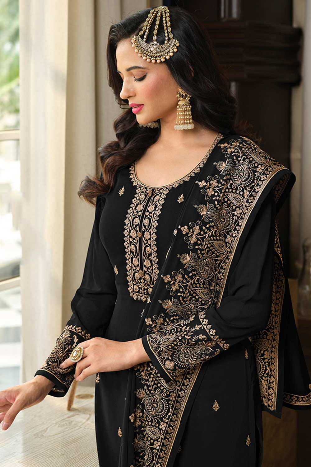 Black Georgette Embroidered Palazzo Suit