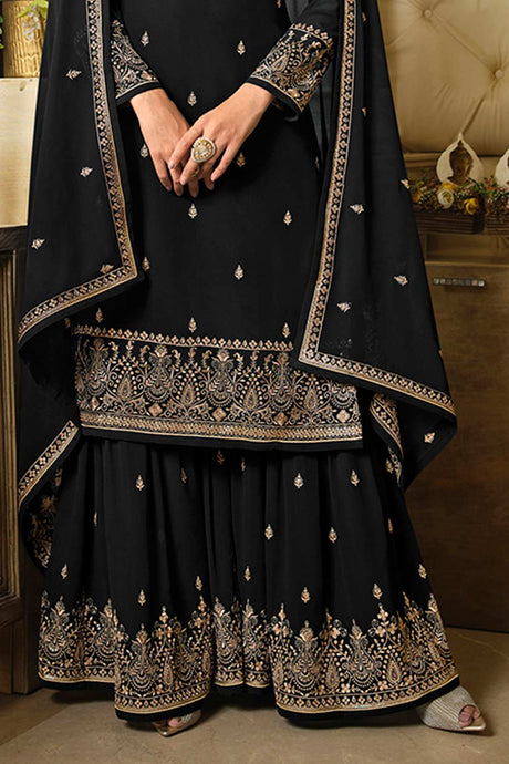 Black Georgette Embroidered Palazzo Suit