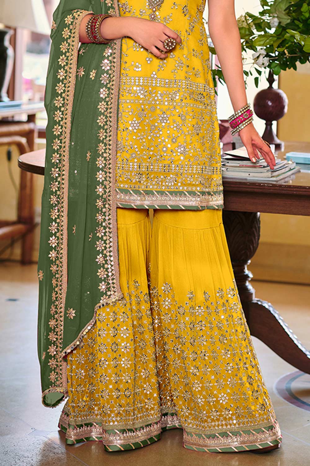 Yellow Embroidered Faux Georgette Designer Palazzo Suit