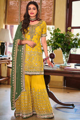 Yellow Embroidered Faux Georgette Designer Palazzo Suit