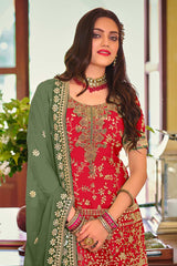 Red Embroidered Faux Georgette Designer Palazzo Suit