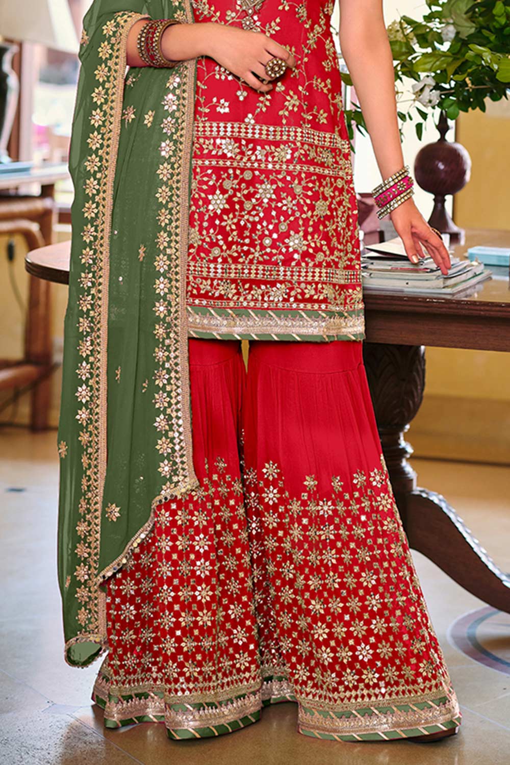 Red Embroidered Faux Georgette Designer Palazzo Suit