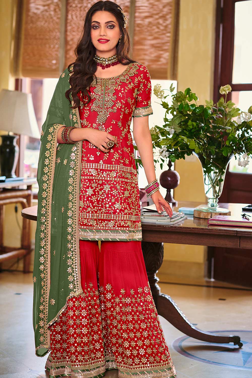 Red Embroidered Faux Georgette Designer Palazzo Suit