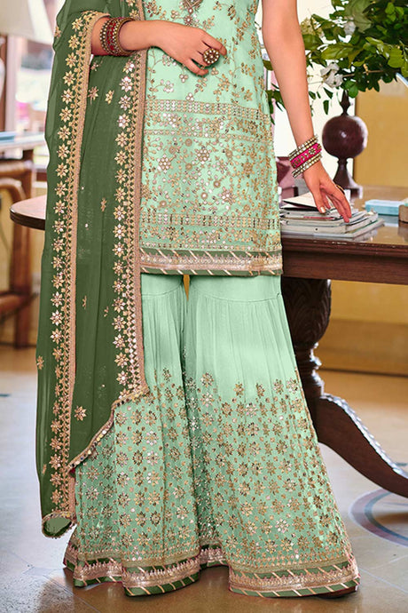 Sea Green Embroidered Faux Georgette Designer Palazzo Suit