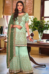 Sea Green Embroidered Faux Georgette Designer Palazzo Suit