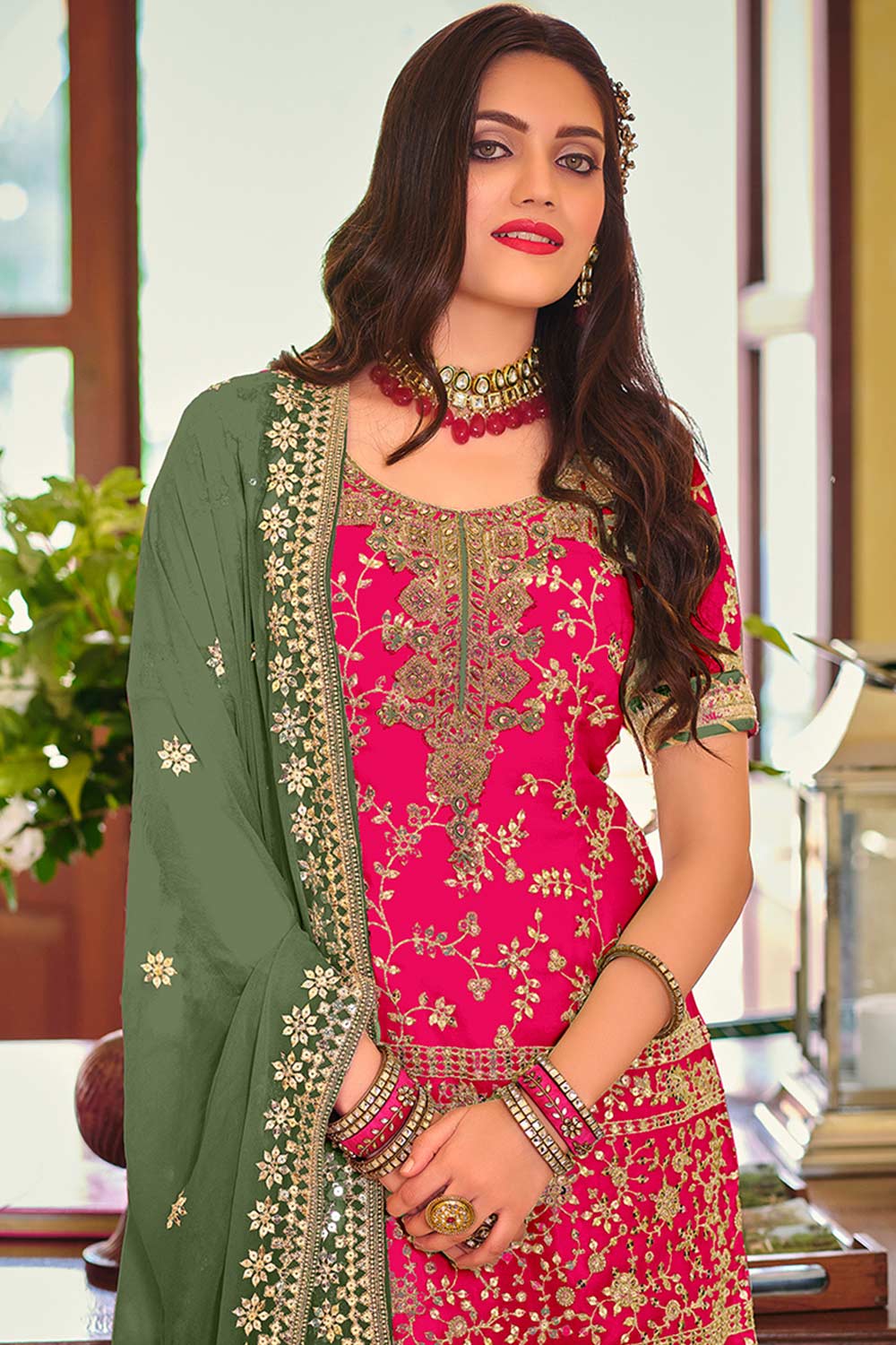 Pink Embroidered Faux Georgette Designer Palazzo Suit