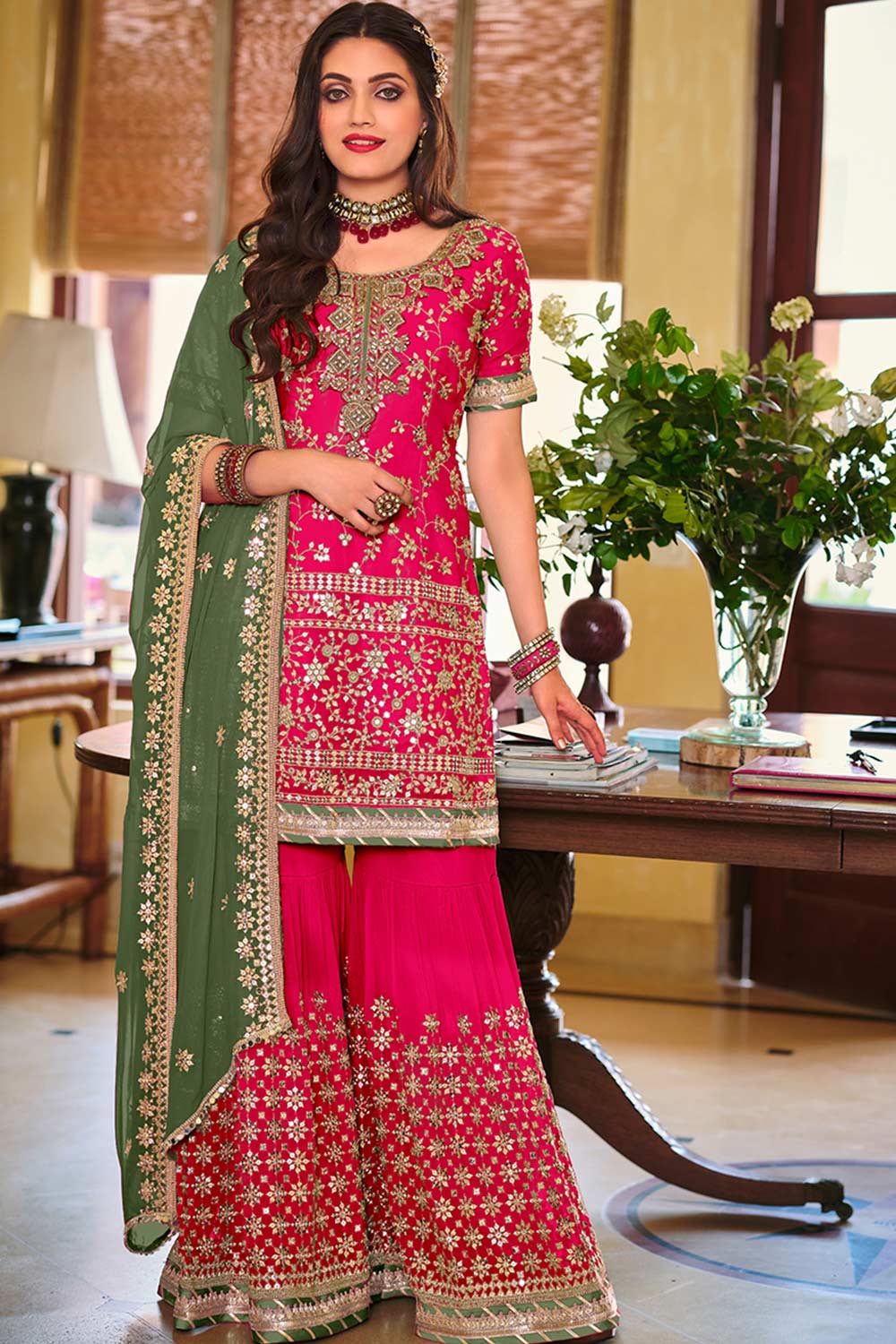 Pink Embroidered Faux Georgette Designer Palazzo Suit