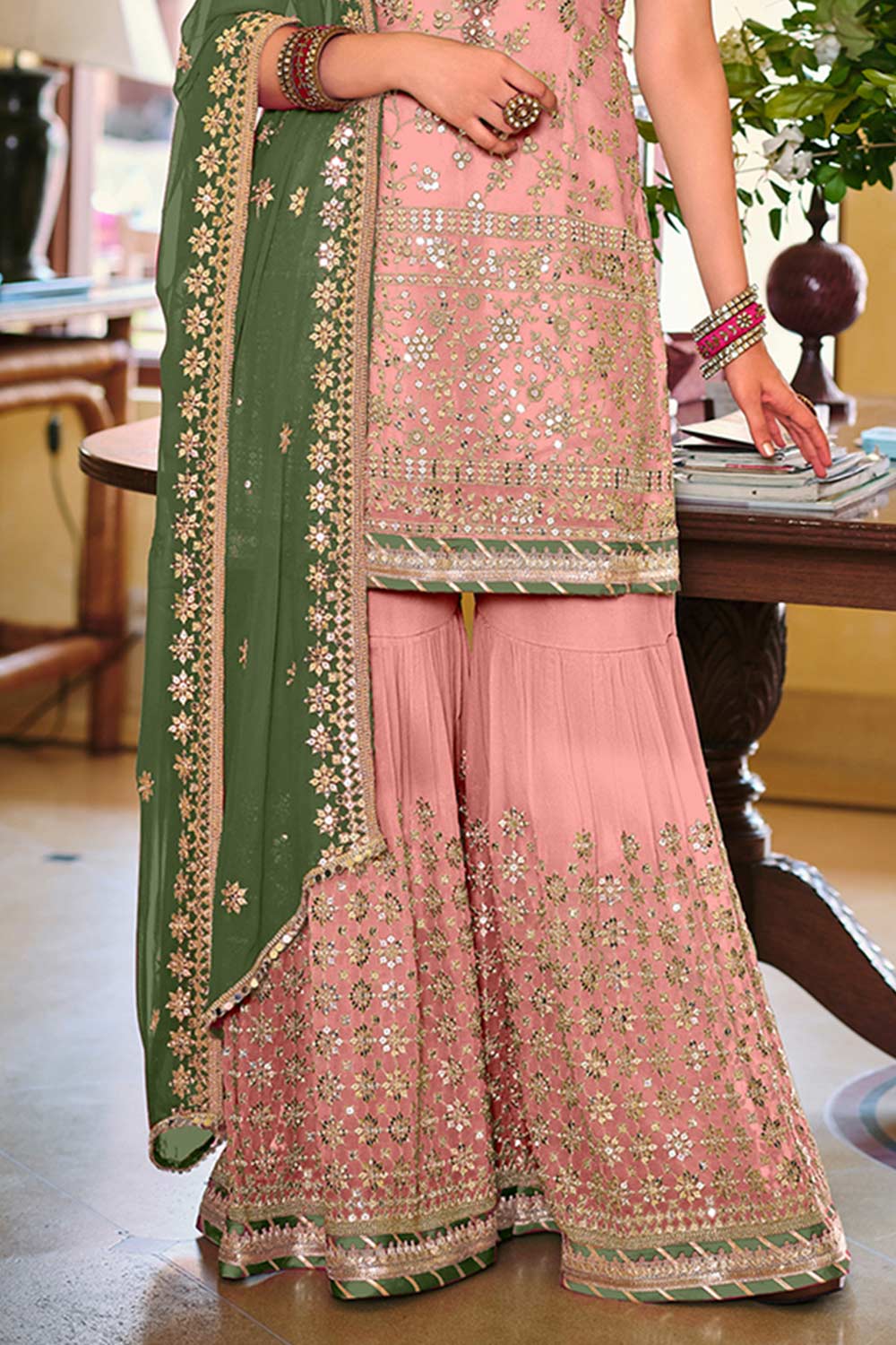 Baby Pink Embroidered Faux Georgette Designer Palazzo Suit